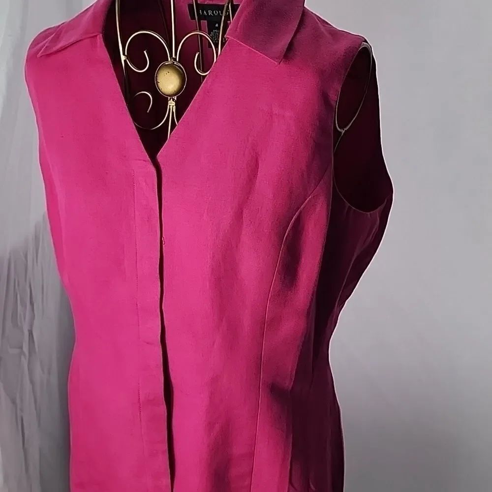 Linen Blend Fuschia Hidden Button Plaquette Sleeveless Top Harold's Size 4